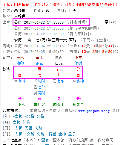 2017年4月22日,4月22日0点30 的生辰八字